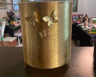 $32.00 - Vintage Hollywood Regency Gold Butterfly Wastebasket with Clear Liner