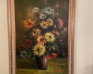 $275.00 - Large Vintage Floral Oil Painting Signed Wallace, Ornate Gold Frame