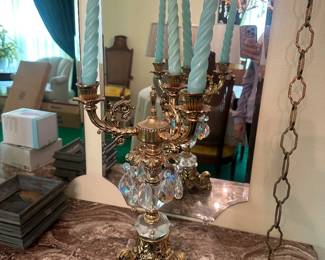 $97.00 - Pair of Vintage Hollywood Regency 5-Arm Candelabras with Crystal Prisms