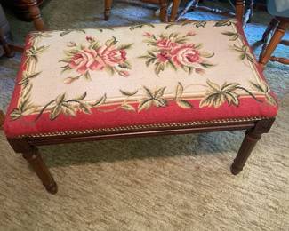 $125.00 - Vintage Floral Needlepoint Bench with Wood Frame & Nailhead Trim