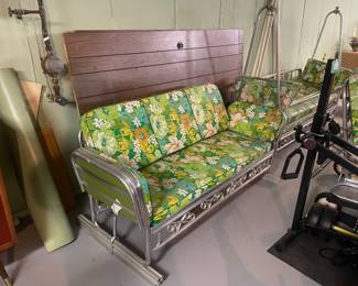 $1495.00/6 Piece Set - Mid Century Patio Furniture Set Floral Cushions -Sofa, Glider, Chair, Chaise Lounge, Green & White Umbrella and Round Table