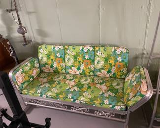 $1495.00/6 Piece Set - Mid Century Patio Furniture Set Floral Cushions -Sofa, Glider, Chair, Chaise Lounge, Green & White Umbrella and Round Table
