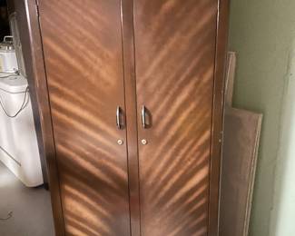 $165.00 - Mid-Century Industrial Steel Wardrobe Cabinet Faux Wood Grain Double Door