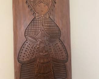 $75.0 - Vintage Signed Ceramic Folk Art Wall Plaque Faux Carved Wood Look