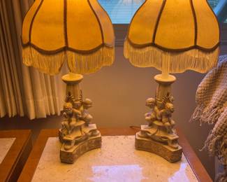 $175.00 - Pair of Vintage Cherub Table Lamp with Fringe Shade Hollywood Regency Victorian Style