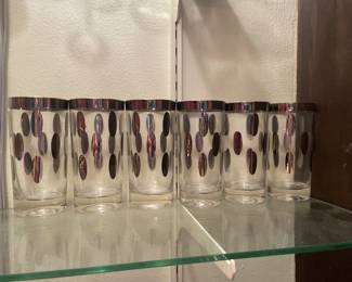 $32.00 -Retro Barware Atomic Dot Lowball Glass Set of 6 Silver Black Mod Cocktail Tumblers