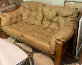 $225.00 - Vintage Wood Frame Tufted Tan Leather Loveseat