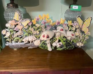 $125.00 - Vintage Burwood Products #0161 Woodland Frogs, Butterflies & Mushrooms Wall Haining, Large USA Made