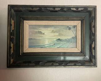 Vintage Tropical Seascape Oil Painting Carved Wood Frame, Artist Signed