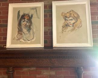 $375.00 - Pair Large Mid-Century Female Portrait Paintings