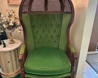 $300.00 - Hooded Cane Porter's Chair with Green Velvet Upholstery