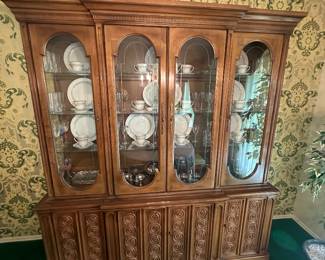 $300.00 - Vintage Lightened Breakfront China Cabinet with Carved Wood Details