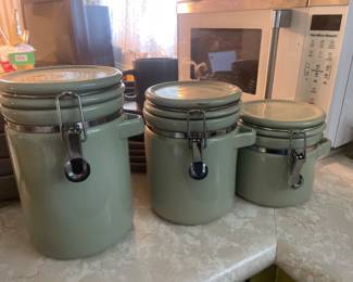 $28.00 - Vintage Gibson Pastel Green Three-Piece Ceramic Canister Set