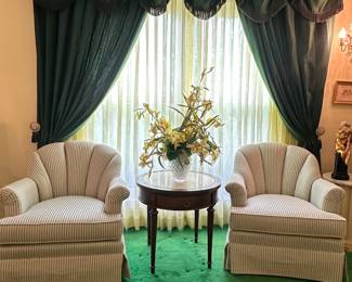 $85.00 - Complete Window Treatment: Hunter Green Drapes, Matching Scalloped Fringe Valance, and Sheer Under-Curtains