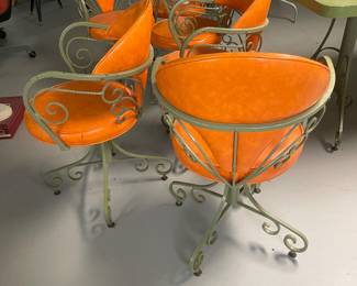 $675.00 - MCM Hollywood Regency Dinette Set, Retro Avocado/Orange, Table with 6 Swivel Chairs