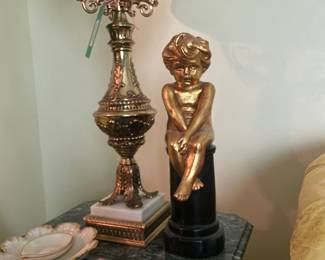 $38.00 - Vintage Gold Tone Cherub Child Statue on Black Pedestal