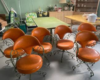 $675.00 - MCM Hollywood Regency Dinette Set, Retro Avocado/Orange, Table with 6 Swivel Chairs