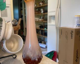 $22.00 - Vintage Satin Glass Bud Vase Peach Amber Ruffled Rim Art Glass