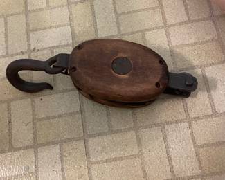 $35.00 - Large Nautical Wooden Pulley Block with Cast Iron Hook Maritime Ship Decor