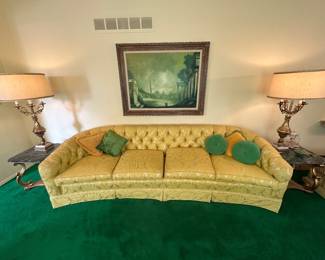 $1,600 - Mid-Century Hollywood Regency Style Curved Yellow Sofa with Tufted Damask Upholstery