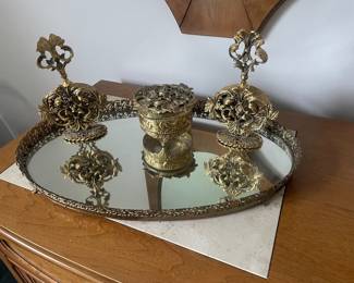 $165.00 - Vintage Hollywood Regency Gold Vanity Tray Set