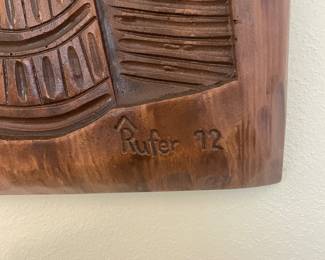 $75.0 - Vintage Signed Ceramic Folk Art Wall Plaque Faux Carved Wood Loo