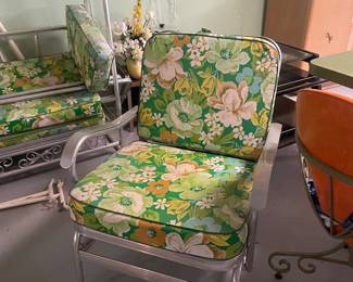 $1495.00/6 Piece Set - Mid Century Patio Furniture Set Floral Cushions -Sofa, Glider, Chair, Chaise Lounge, Green & White Umbrella and Round Table