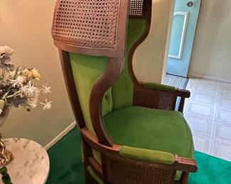 $300.00 - Hooded Cane Porter's Chair with Green Velvet Upholstery