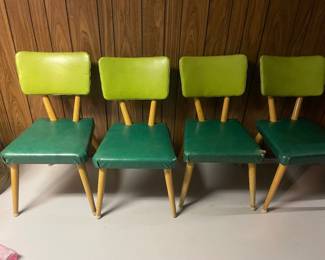 $265.00/4 Chair Set - Mid-Century Modern Dining Chairs with Original Green Vinyl -One Chair has a tear
