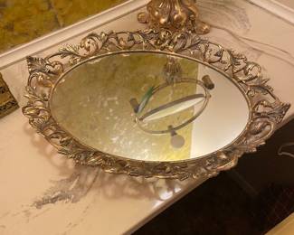$42.00 - Vintage Hollywood Regency Gold Tone Filigree Mirrored Vanity Tray