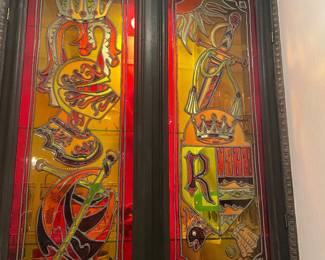 $75.00 - Vintage Acrylic Faux Stained Glass Medieval Knight Cabinet Door Panels