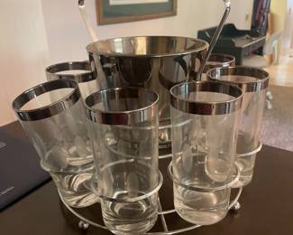 $63.00 - Vintage MCM Barware Set Chrome Caddy Ice Bucket with 8 Silver Rimed Glasses