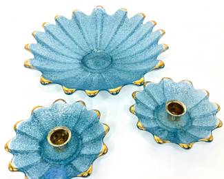 Vintage Blue Glass Bowl with Gold Trim and 2 Matching Candlestick Holders 