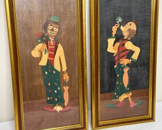 Set of 2 Vintage Clown Pictures with Inlay Design 
