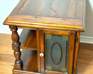 Vintage Wood Side Table with Stained Glass Doors 