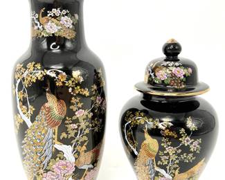 Black Porcelain Japanese Vase and Ginger Jar with Peacock and Floral Designs 