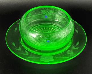 Vintage Uranium Glass Small Floral Etched Bowl and Plate 