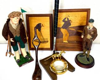 Vintage Golfer’s Collectible Lot - Wood Inlay Pictures, 24K Gold Horse Ashtray 