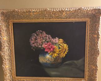 #49	Oil on Canvas of Basket of Flowers in Heavy Gilded Wood Frame signed Glenda Bragg - 2001 - 26.5x22.5	 $125.00 
