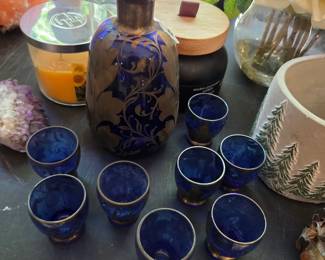 #82	Vintage Murano Cobalt Blue Glass Decanter w/stopper Silver Overlay set of 6 Glasses - Decanter - 9" tall	 $40.00 