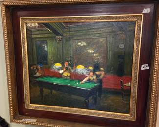 #120	Oil on Canvas of Billiards Room in Heavily Gilded Gold Frame - 34x30	 $175.00 