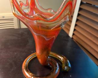 #70	Sooner Art Glass Vase - Hand Blown Swirl Trumpet Vase - 9" Tall	 $20.00 