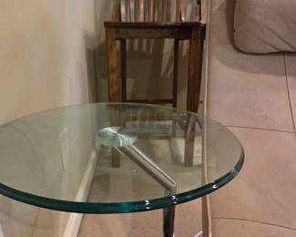 #123	Cream Cloth Lounger Chair w/attached Chrome Base w/Glass Top Side Swivel Table - Lounger - 63" Long  (small Stains)	 $200.00 