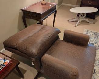 #142	Ovios Brown Suede Side Chair that lays back w/ottoman - 24x15x15 (finish issues on legs) 	 $100.00 