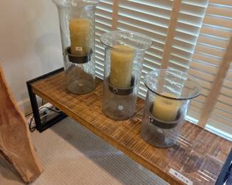 #40	Set of 3 Hurricane Glass Candle Holders - 19, 15 and 11.5 with candles"	 $75.00 