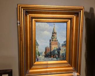 #48	Oil on Canvas of Clock Tower in Wood Gold Frame - 17x15	 $75.00 