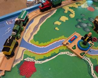 #153	Vintage Thomas the Train and Friends Wooden Railway Train Table (reversable) - 32x50x18 w/tracks and 14 Cars and Helicopter and animals sir Topham Hat figure 	 $225.00 