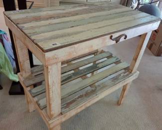 #58	Distressed Wood Slat Table w/shelf - 32x18x32	 $60.00 
