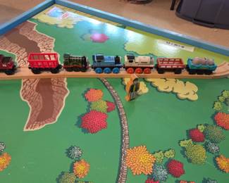 #153	Vintage Thomas the Train and Friends Wooden Railway Train Table (reversable) - 32x50x18 w/tracks and 14 Cars and Helicopter and animals sir Topham Hat figure 	 $225.00 