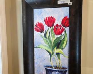 #92	Oil on Canvas of Red Tulips on Blue Vase in Chocolate Brown Frame - 19x31 by Sarah Beth	 $50.00 